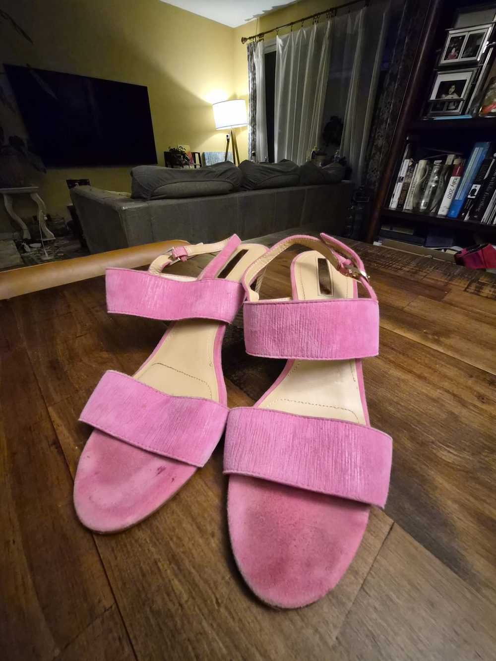 Tahari Women's Pink Two-Strap Suede Sandals